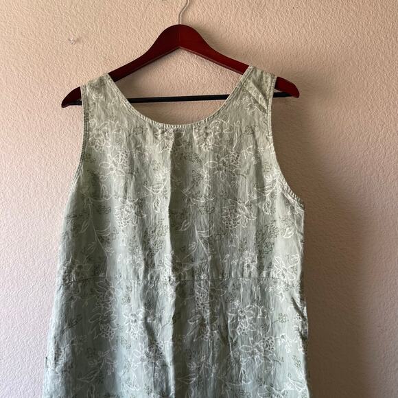 Vintage linen sage green floral midi overall dress with pockets size large - Picture 2 of 9